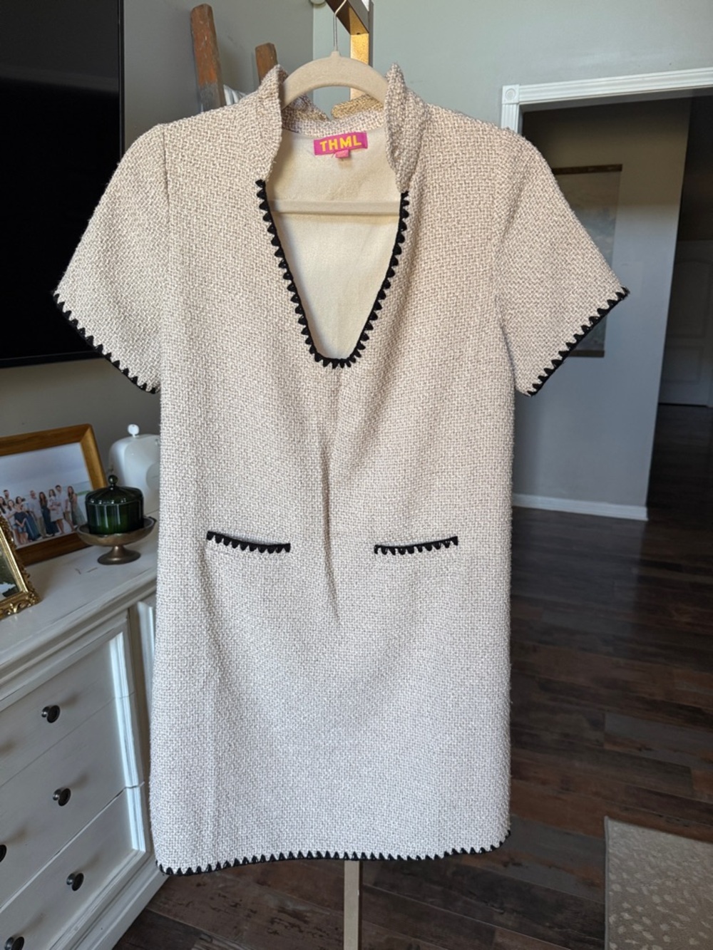 THML Cream Textured Mini Shift Dress with Black Trim